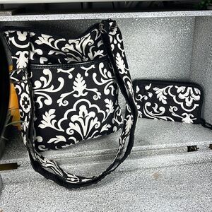 Thirty-One Organizing Shoulder Bag  Purse & Wallet Set Black Parision Pop